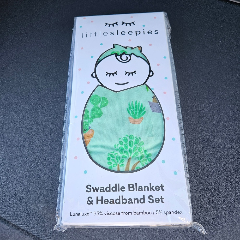 Little Sleepies Cactus Swaddle Blanket and Headband Set Green Bamboo Lunaluxe
